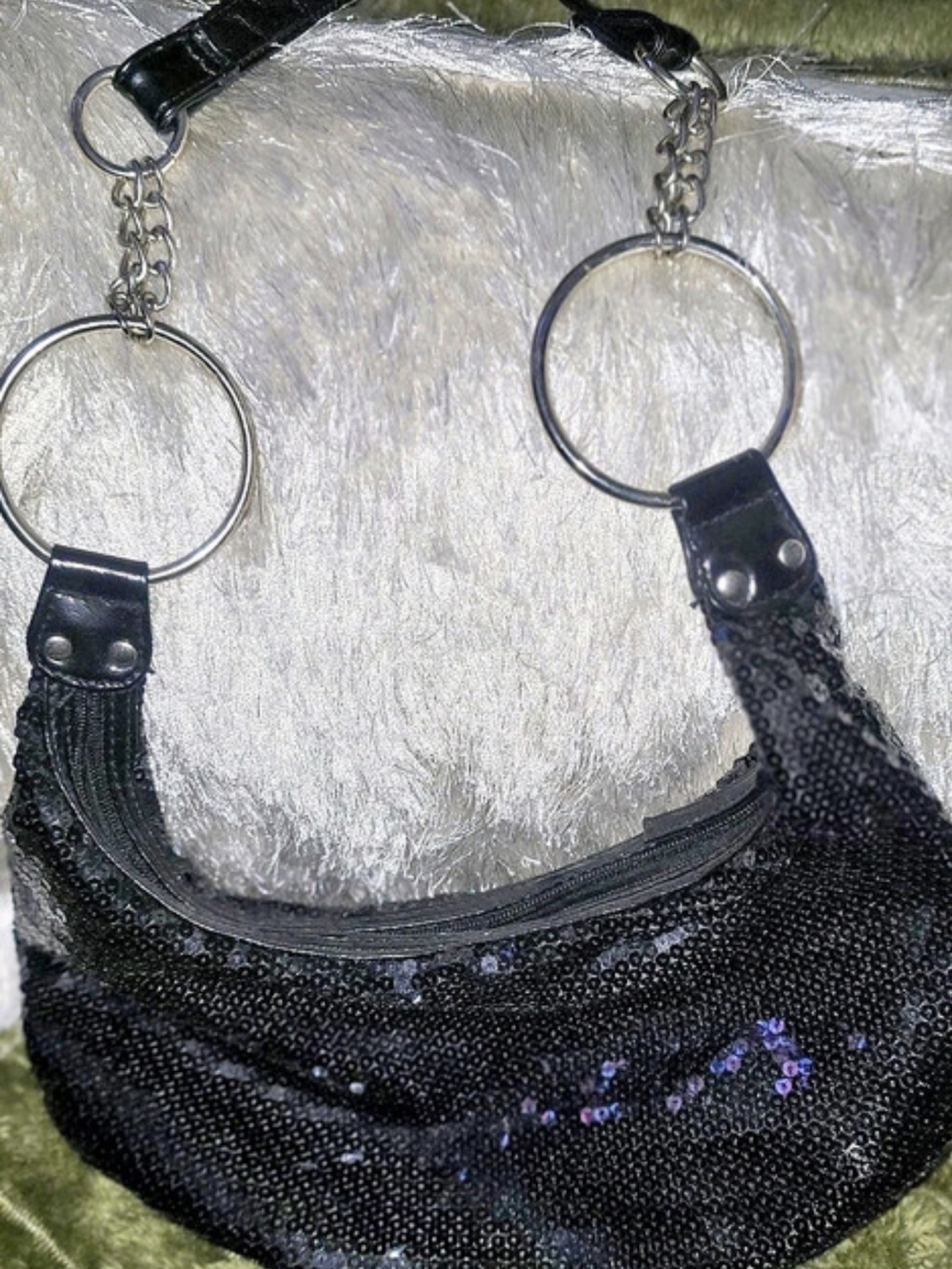 Vintage Y2K Black Sequin Hobo Bag Slouchy Shoulder Purse O-Rings